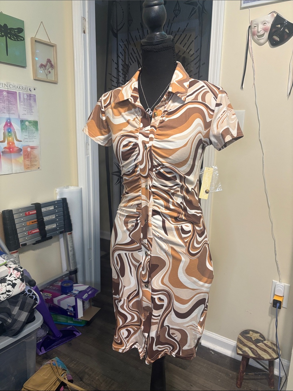 Ruched Button-Front Mini Dress in Brown and Cream Swirl
